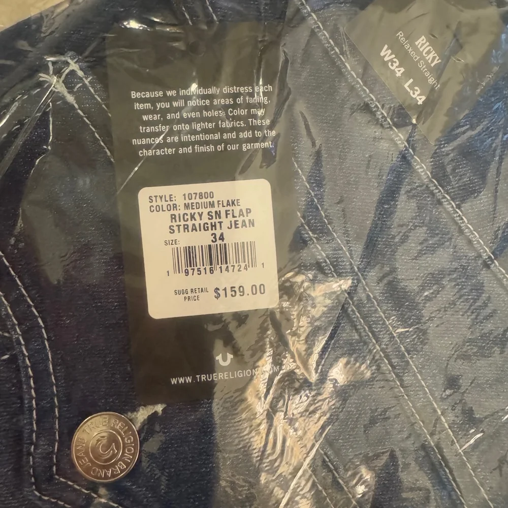 NWT True Religion Ricky Relaxed Straight Flap Jeans 34X34 Men Blue Orig.$159